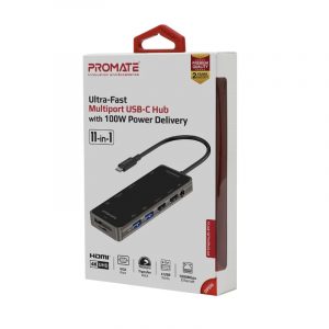 Promate Ultra-Fast Multiport USB-C Hub with 100W Power Delivery -PRIMEHUB-PRO