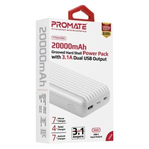 Promate Grooved Hard Shell Power Pack With 3.1A Dual USB Output- 20000mAh-TITAN-20C.