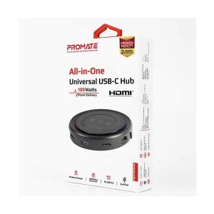 Promate CenterHub All-in-One USB-C Hub; with 100W Power Delivery & 10W Qi Wireless Charger